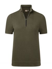 Olivgrünes Damen Zip-Shirt aus Piqué mit figurbetonter Passform, kurzem Reißverschluss und elastischem Bund an Saum und Ärmeln.